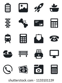 Set of vector isolated black icon - train vector, bench, broken bone, cash, traffic light, monitor, battery, mail, gallery, photo, calculator, printer, phone, salad, rocket
