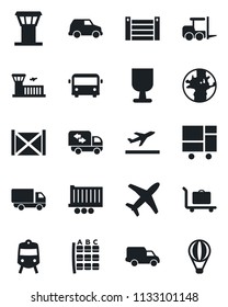 Set of vector isolated black icon - airport tower vector, departure, baggage trolley, bus, train, fork loader, seat map, building, earth, plane, truck trailer, car delivery, container, fragile