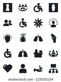 Set of vector isolated black icon - male vector, female, disabled, manager place, heart, lungs, joint, virus, group, user, company, meeting, palm sproute, shining head, hierarchy