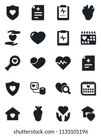 Set of vector isolated black icon - heart pulse vector, diagnosis, blood pressure, diagnostic, shield, hand, real, medical calendar, clipboard, sweet home