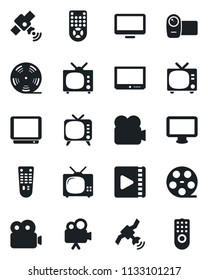 Set of vector isolated black icon - tv vector, reel, satellite, video camera, remote control, monitor
