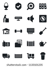 Set of vector isolated black icon - baby room vector, shovel, watering can, barbell, office phone, truck trailer, cargo container, car delivery, folder document, warehouse, shield, speaker, compass