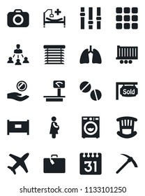 Set of vector isolated black icon - fence vector, suitcase, pills, hospital bed, lungs, pregnancy, plane, truck trailer, heavy scales, camera, settings, menu, calendar, hierarchy, sold signboard