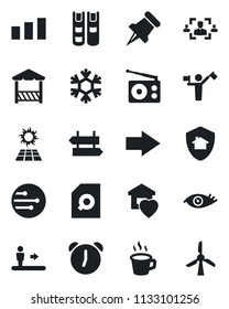 Set Of Vector Isolated Black Icon - Dispatcher Vector, Escalator, Signpost, Right Arrow, Eye, Sorting, Radio, Paper Pin, Alarm, Network, Coffee, Document Search, Hr, Book, Sweet Home, Alcove