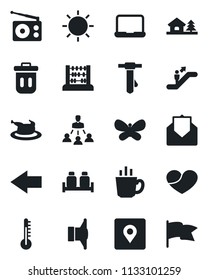 Set of vector isolated black icon - escalator vector, left arrow, abacus, tie, butterfly, sun, radio, speaker, heart, mail, place tag, notebook pc, hierarchy, house with tree, coffee, chicken, flag