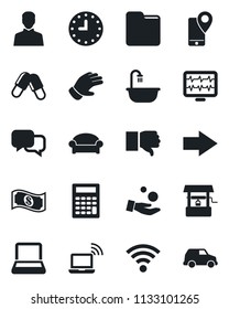 Set of vector isolated black icon - waiting area vector, wireless notebook, right arrow, glove, well, monitor pulse, pills, mobile tracking, clock, dialog, finger down, user, folder, pc, bathroom