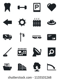 Set of vector isolated black icon - satellite antenna vector, airport bus, parking, left arrow, document search, tree, sun, hoe, garden light, heart, barbell, tooth, medical calendar, mail, folder