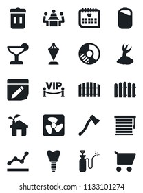 Set of vector isolated black icon - pennant vector, circle chart, fence, sproute, axe, garden sprayer, implant, medical calendar, notes, battery, point graph, meeting, cocktail, vip zone, eco house