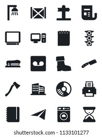 Set of vector isolated black icon - washer vector, notepad, circle chart, boot, axe, signpost, traffic light, container, news, tv, record, printer, stapler, office building, knife, pc, outdoor lamp