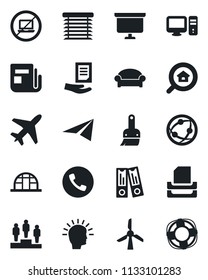 Set of vector isolated black icon - plane vector, phone, no laptop, waiting area, pedestal, office binder, presentation board, document, greenhouse, news, network, themes, paper tray, estate search