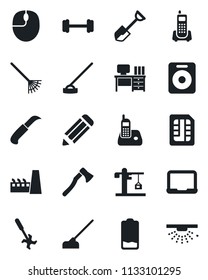 Set of vector isolated black icon - mouse vector, desk, notebook pc, pencil, shovel, rake, hoe, garden knife, axe, ripper, barbell, office phone, radio, speaker, low battery, sim, crane, factory