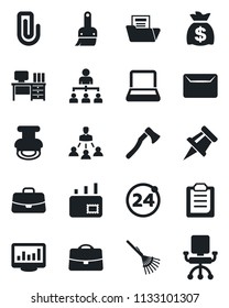 Set of vector isolated black icon - 24 around vector, hierarchy, case, desk, money bag, rake, axe, themes, clipboard, monitor statistics, drawing pin, paper clip, document folder, notebook pc, stamp