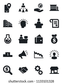 Set of vector isolated black icon - reception vector, manager place, mobile tracking, hierarchy, office building, gear, shining head, handshake, wallet, money bag, crisis, search, investment, flask