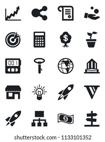 Set of vector isolated black icon - seedling vector, stopwatch, target, rocket, pennon, earth, growth graph, investment, idea, cash, calculator, social media, hierarchy, contract, tie, money tree