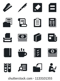 Set of vector isolated black icon - document search vector, notepad, coffee, contract, cash, folder, news, notes, clipboard, blank box, checklist, paper tray, book, pen, stapler, man with notebook