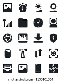 Set of vector isolated black icon - antenna vector, phone back, gallery, protect, clock, alarm, mail, scanner, network, folder, data exchange, download, brightness, face id, eye, cellular signal