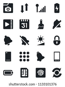 Set of vector isolated black icon - mobile vector, phone back, menu, themes, bell, sim, calendar, data exchange, mute, brightness, lock, fingerprint id, video, photo gallery, cellular signal, charge