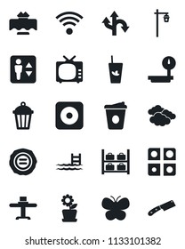 Set of vector isolated black icon - elevator vector, clouds, luggage storage, coffee, stamp, butterfly, garden light, route, heavy scales, tv, rec button, application, pool, wireless, flower in pot