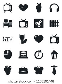 Set of vector isolated black icon - cafe vector, case, abacus, mouse, desk, fence, butterfly, garden light, real heart, tulip, tv, headphones, cut, clock, tie