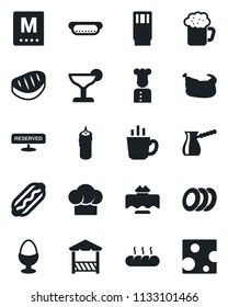 Set of vector isolated black icon - cook vector, restaurant table, hat, menu, reserved, drink, cocktail, coffee, beer, plates, egg stand, bread, candle, alcove, chicken, steak, hot dog, turkish