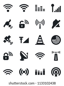 Set of vector isolated black icon - antenna vector, border cone, radar, satellite, equalizer, wireless, mute, cellular signal, lock