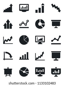 Set of vector isolated black icon - growth statistic vector, presentation board, crisis graph, monitor, circle chart, statistics, bar, pie, point, arrow up