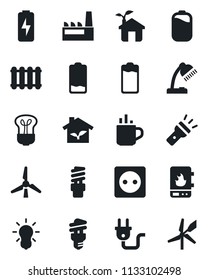 Set of vector isolated black icon - hot cup vector, battery, low, torch, charge, desk lamp, windmill, factory, eco house, socket, power plug, water heater, radiator, bulb, energy saving