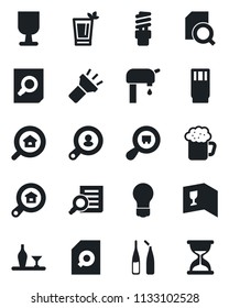 Set of vector isolated black icon - document search vector, bulb, ampoule, fragile, cargo, torch, water supply, estate, client, alcohol, wine card, drink, phyto bar, beer, energy saving, sand clock