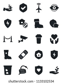 Set of vector isolated black icon - plane radar vector, fence, trash bin, boot, hose, patch, heart shield, hand, protect, eye id, estate insurance, water filter, home, surveillance, palm sproute