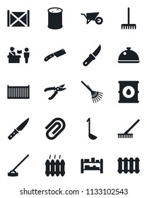 Set of vector isolated black icon - passport control vector, rake, wheelbarrow, pruner, hoe, garden knife, cargo container, oil barrel, rack, paper clip, heater, dish, ladle, radiator