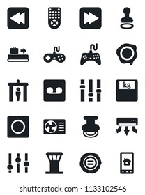 Set of vector isolated black icon - airport tower vector, baggage conveyor, security gate, stamp, scales, gamepad, settings, remote control, fast forward, rewind, record, air conditioner, home app