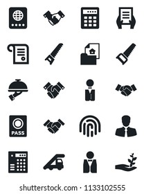 Set of vector isolated black icon - passport vector, ladder car, handshake, document, saw, client, fingerprint id, estate, waiter, combination lock, contract, palm sproute