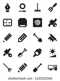 Set of vector isolated black icon - job vector, pencil, garden fork, shovel, rake, satellite, hdmi, brightness, fingerprint id, ink pen, plan, rolling pin, pc