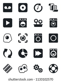 Set of vector isolated black icon - washer vector, contract, circle chart, pills blister, play button, fast forward, rec, update, record, eye id, flower in pot, omelette, gear, clock