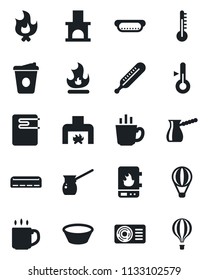 Set of vector isolated black icon - coffee vector, fire, fireplace, thermometer, air conditioner, hot dog, bowl, turkish, water heater, balloon