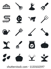 Set of vector isolated black icon - job vector, garden fork, farm, rake, watering can, wheelbarrow, sproute, hoe, pumpkin, greenhouse, seeds, fertilizer, drip irrigation, fruit tree