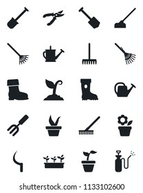 Set of vector isolated black icon - job vector, flower in pot, garden fork, shovel, rake, seedling, watering can, sproute, pruner, boot, hoe, sickle, sprayer