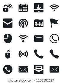 Set of vector isolated black icon - phone vector, mail, mouse, calendar, call, download, wireless, lock, flag