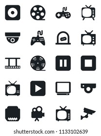 Set of vector isolated black icon - ticket office vector, film frame, reel, tv, gamepad, video camera, play button, pause, stop, rec, hdmi, web, surveillance