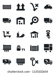 Set of vector isolated black icon - sea shipping vector, truck trailer, cargo container, car delivery, port, consolidated, up side sign, no trolley, hook, warehouse, search, moving