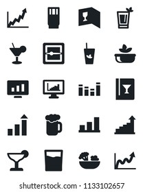 Set of vector isolated black icon - growth statistic vector, monitor, equalizer, scanner, statistics, bar graph, wine card, drink, cocktail, phyto, beer, salad