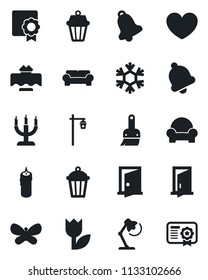 Set of vector isolated black icon - butterfly vector, garden light, heart, tulip, themes, bell, sertificate, desk lamp, cushioned furniture, restaurant table, candle, snowflake, outdoor, door