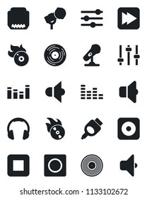 Set of vector isolated black icon - vinyl vector, flame disk, microphone, speaker, equalizer, headphones, stop button, fast forward, rec, hdmi, tuning, record, sound