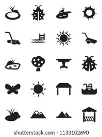 Set of vector isolated black icon - sun vector, lawn mower, butterfly, lady bug, pond, pool, fruit tree, mountains, table, alcove