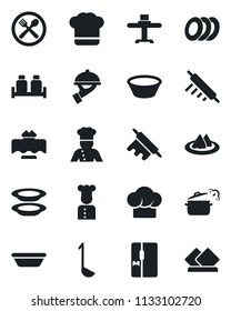 Set of vector isolated black icon - fridge vector, cook, restaurant table, serviette, cafe, hat, plates, waiter, salt and pepper, ladle, bowl, rolling pin, steaming pan