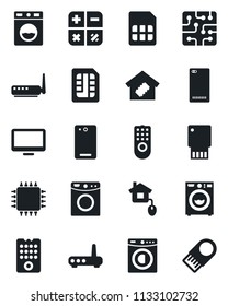 Set of vector isolated black icon - calculator vector, monitor, phone back, sim, washer, smart home, control, chip, remote, router, usb flash