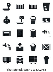 Set of vector isolated black icon - trash bin vector, bucket, watering, truck trailer, cargo container, consolidated, package, oil barrel, heavy scales, railroad, archive box, water filter