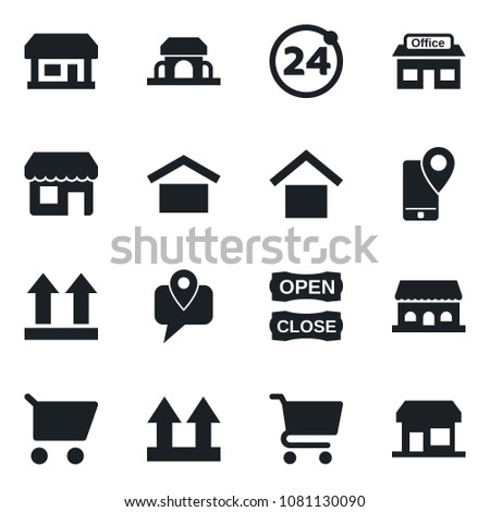 Set of vector isolated black icon - 24 around vector, store, mobile tracking, warehouse storage, up side sign, cafe building, open close, cart, storefront