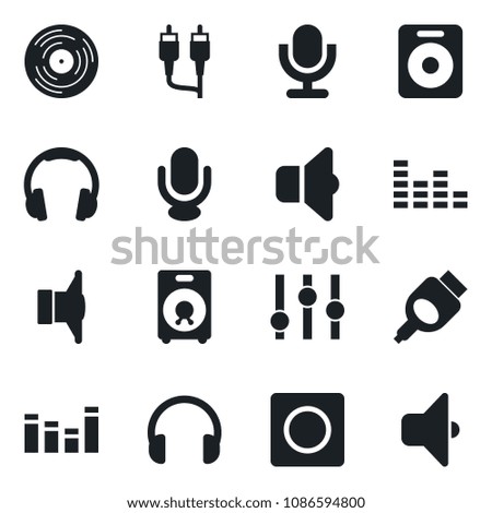 Set of vector isolated black icon - vinyl vector, speaker, settings, equalizer, microphone, headphones, rca, hdmi, record, sound