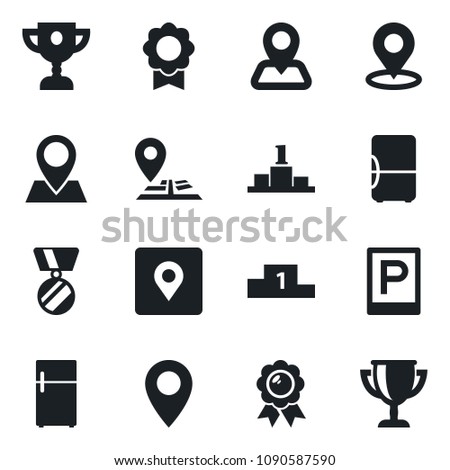 Set of vector isolated black icon - parking vector, medal, navigation, pin, place tag, sertificate, fridge, pedestal, award cup